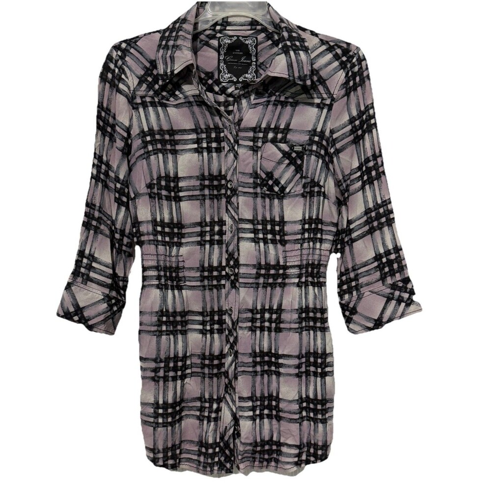 Guess 2000’s Babydoll Plaid Top Women’s S Black Purple Button Front Bella Swan